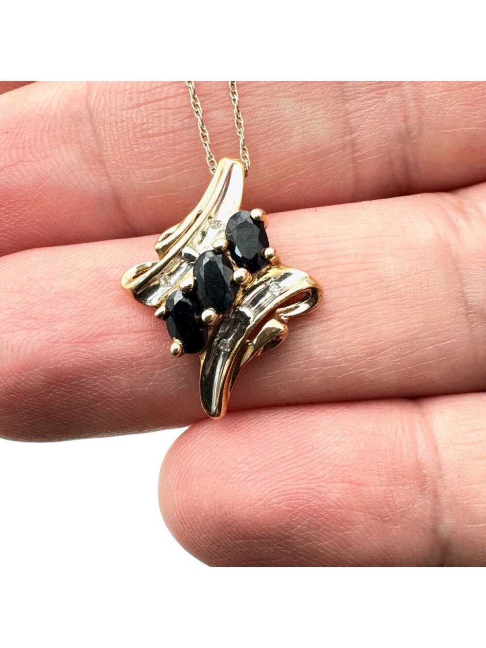 10k Yellow Gold Blue & White Sapphire Pendant 16 Inch Womens Necklace Gift Idea